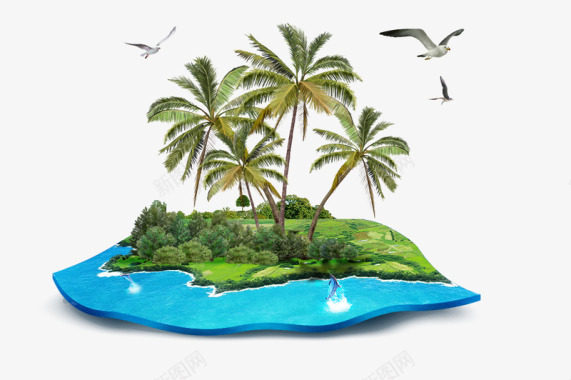 夏季沙滩海洋海鸥棕树林大海透明底色图Banner图标