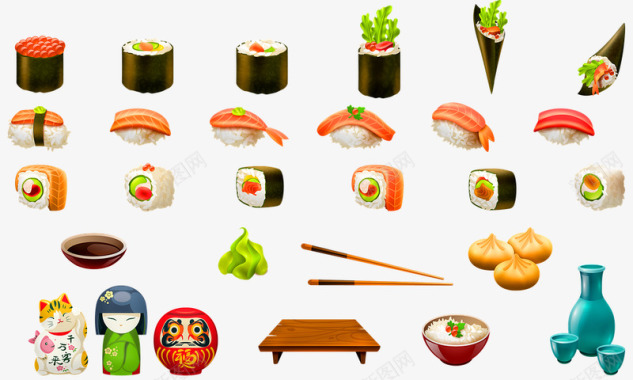 寿司日本料理Kokeshi娃娃招财猫食品图标