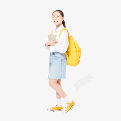 小孩学生背书包上学的小女孩素材