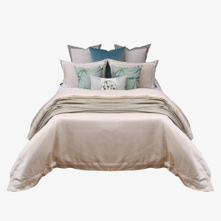 现代新中式样板房间床上用品蓝绿色中国风软装床品多件素材