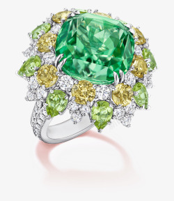 绿色珍罕碧玺配黄色蓝宝石橄榄石和钻石戒指素材