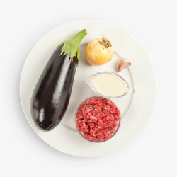 俯视白色盘子碟子茄子玻璃碗生肉洋葱素材