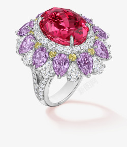 红色尖晶石配彩色蓝宝石和钻石戒指素材