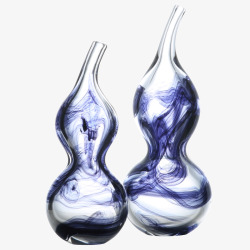 蓝色水墨透明玻璃葫芦花瓶素材