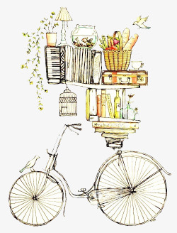 仙境手绘自行车和书素材