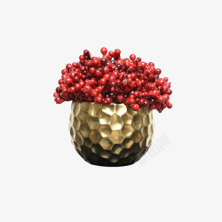 中式仿真红色浆果子金色花器软装茶几桌面墙柜格子迷你素材