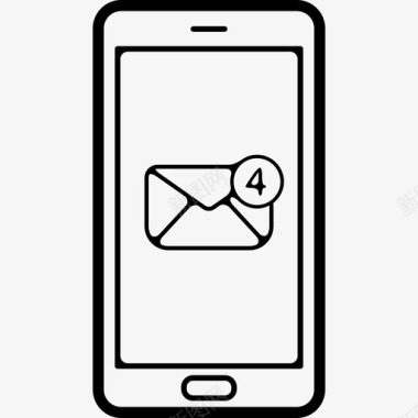 手机屏幕上有4条新信息工具和用具手机的电子邮件符号图标