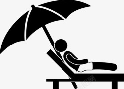 长椅旁的雨伞长椅上的男人休息海滩度假高清图片