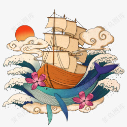 日本浮世绘风格鲸鱼帆船菜鸟图库素材