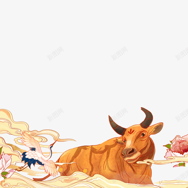 牛年国潮手绘生肖元素psd免抠素材_88icon https://88icon.com 牛年 云 手绘 国潮元素 牡丹花 装饰元素 丹顶鹤
