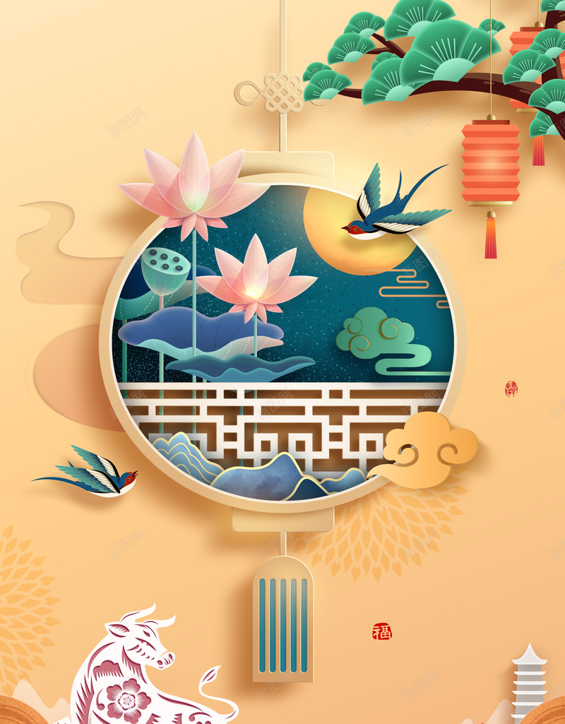 春节元旦创意背景图元素psd设计背景_88icon https://88icon.com 12生肖牛 元旦 创意手机壁纸 剪纸元素 新春 春节 树枝装饰 灯笼 生肖牛 背景图 荷花 边框