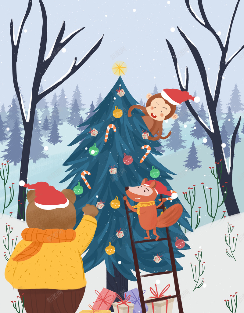 圣诞节装饰手绘背景图psd设计背景_88icon https://88icon.com 圣诞节 装饰元素图 手绘 背景图 动物 卡通元素