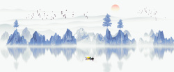 蓝色山水背景中国古风水墨画高清图片