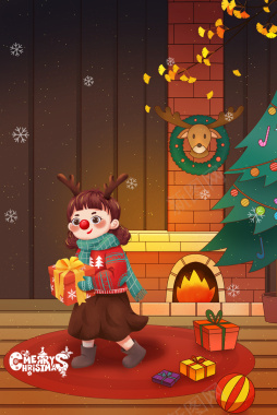 圣诞节手绘卡通壁炉背景图元素背景