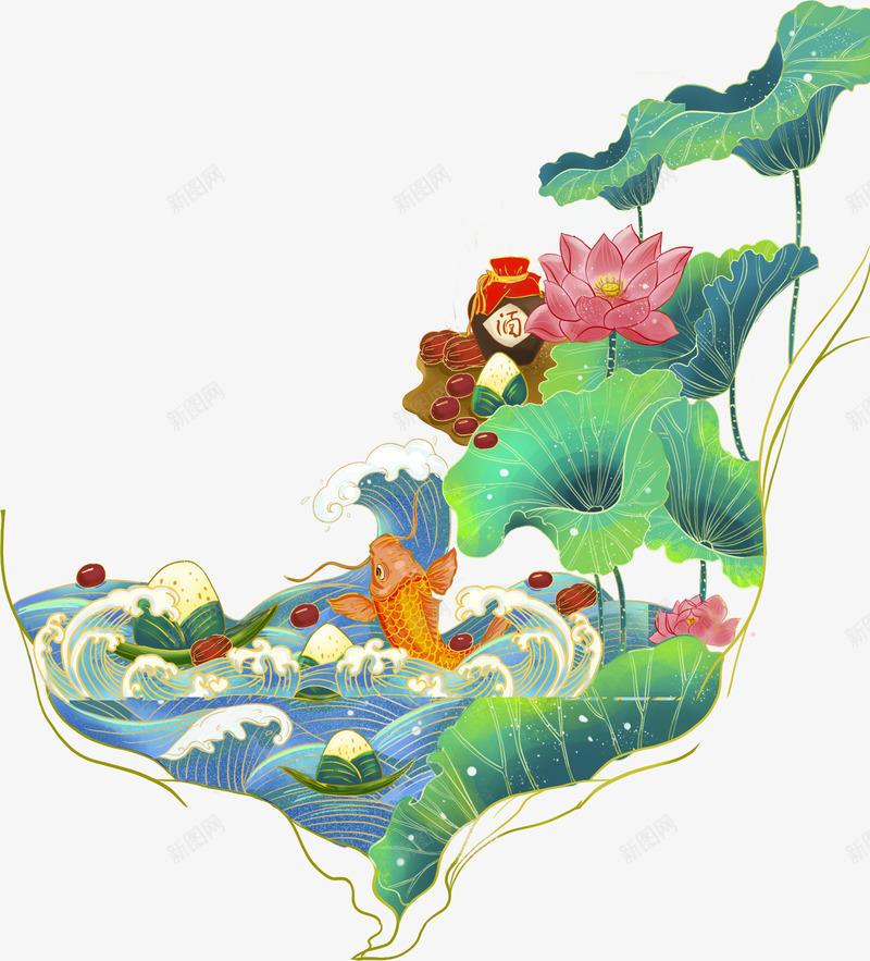 国潮中国风手绘插画莲花荷叶锦鲤海浪水酒png免抠素材_88icon https://88icon.com 国潮 中国 国风 手绘 插画 莲花 荷叶 锦鲤 海浪 水酒