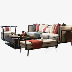 新中式客厅实木沙发组合现代中式中国红布艺沙发酒店别素材