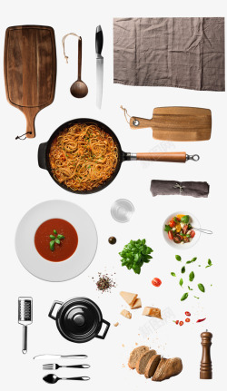 各种西餐料理透明菜板调味料抹布肉勺子汤意大利面素材