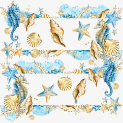 精美水彩手绘海洋风金色蓝色海螺备课海马免扣PS设计素材
