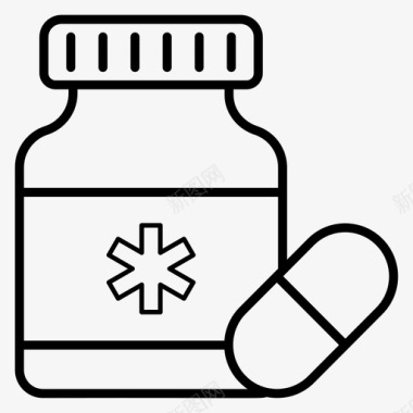 药物药丸罐科学和医学线向量图标集图标