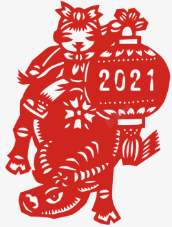 老鼠提灯笼2021年春节骑牛卡通剪纸窗花剪影矢量高清图片