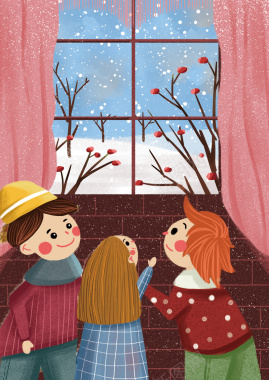 手绘一家人赏雪背景图背景