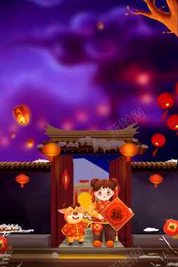灯笼树枝元素春节背景图背景