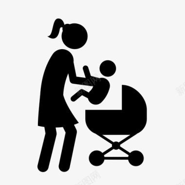 抱着妈妈妈妈把宝宝放在手推车里孩子家庭图标