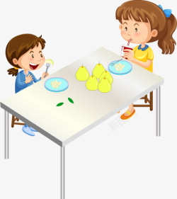 小孩子吃梨桌子25D素材