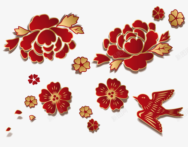 牡丹花新年传统年画png免抠素材_88icon https://88icon.com 新年传统 年画 牡丹花 喜庆 红色 金色