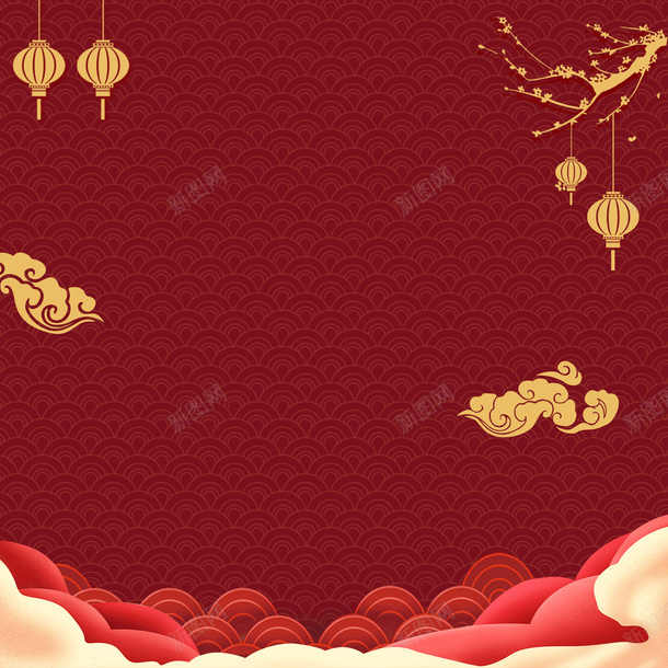 春节新年喜庆节日祥云中国风红色背景主图psd免抠素材_88icon https://88icon.com 2023 2023春节 中国风字幕 喜庆 新年 新年元素 新年素材 新年质感 春节 梅花 灯笼 祥云 红色背景