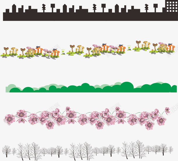 草丛城市森林底边png免抠素材_88icon https://88icon.com 城市剪影 蘑菇 草丛 花朵 树林 枝杈 底边 底纹