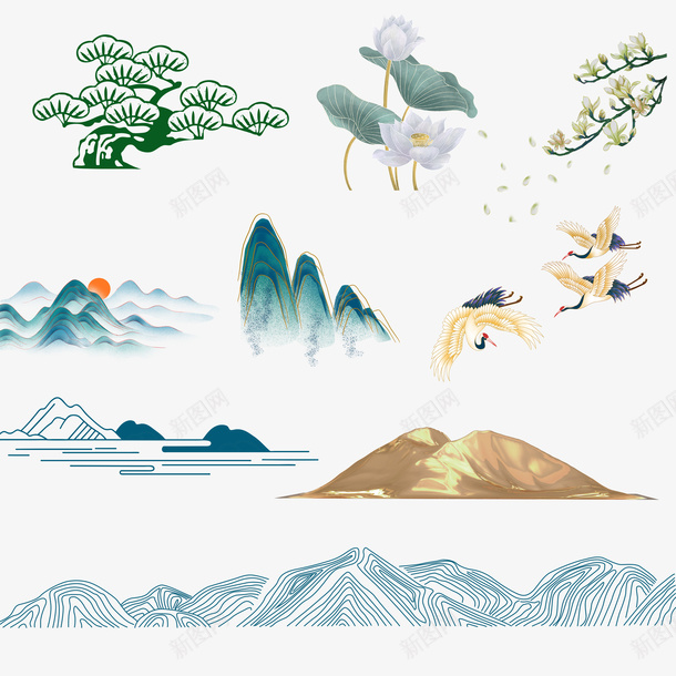 中国风山植物仙鹤png免抠素材_88icon https://88icon.com 中国风 仙鹤 传统花纹 山 山水 山水彩 植物 金色山 黑白仙鹤