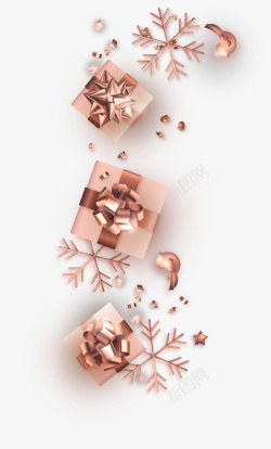 玫瑰金色圣诞元素玫瑰金色雪花礼物盒高清图片