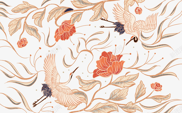 中国风花鸟大图psd免抠素材_88icon https://88icon.com 中国风 仙鹤 仙鹤纹样 国风云 植物 背景 花鸟 藤蔓