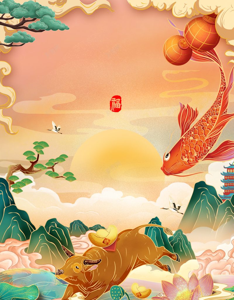 国潮手绘牛年春节背景图psd设计背景_88icon https://88icon.com 国潮 国潮背景墙 山 手绘 春节 灯笼 牛年 背景图 鲤鱼