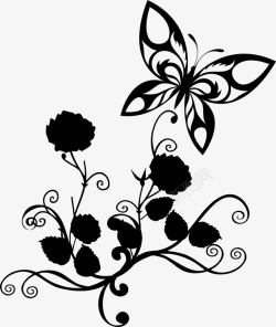 蝴蝶花朵蕾丝手绘黑白色素材