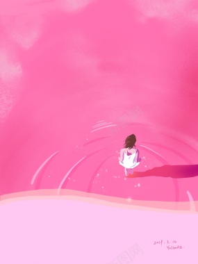 粉红色背景走在水里的女孩背景