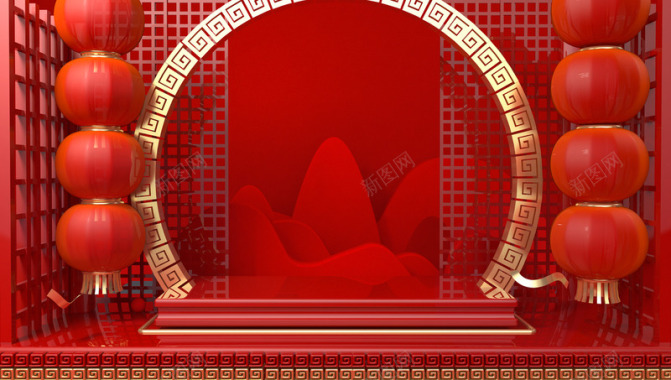 中国风吉祥展台C4D年货节中国风海报背景背景