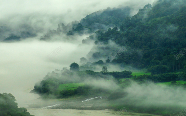 一般1920x1200自然雾气景观江山林印春草绿海报背景背景