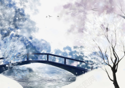 桥景手绘春天手绘樱花桥花瓣高清图片