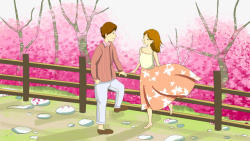 围栏素材春天樱花手绘情侣围栏高清图片