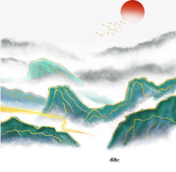 红日山水背景中国风清明山水云雾缭绕红日高清图片