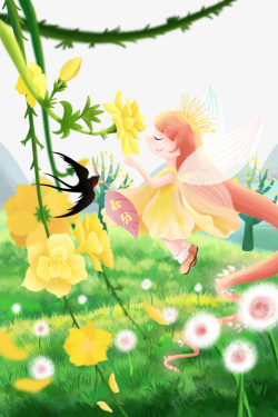花朵女孩春天手绘女孩精灵燕子花朵草地高清图片