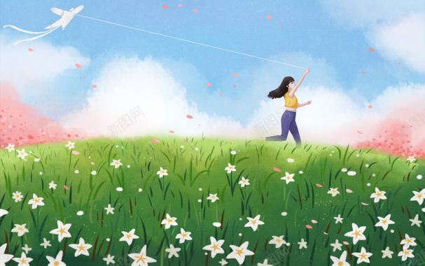 春天樱花放风筝的小女孩背景