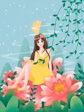 手绘春天花朵柳条人物背景图背景