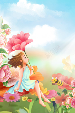 手绘春天花朵蜜蜂背景图背景