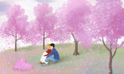 公园绘画春天樱花手绘情侣樱花树爱心高清图片