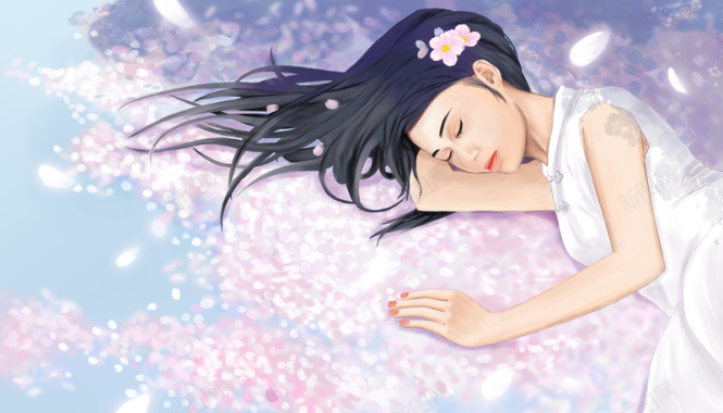 睡在落满樱花的地上的小女孩背景