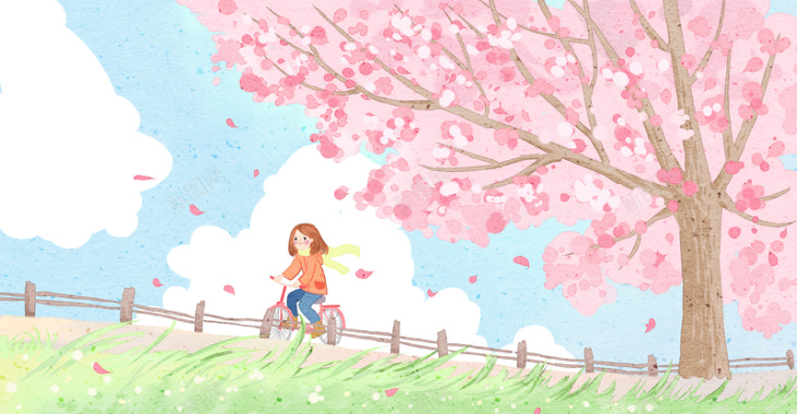 草地路栏杆自行车小女孩樱花背景
