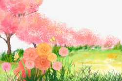 樱花公园春天樱花草地花朵蝴蝶高清图片